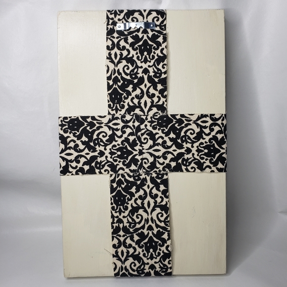 Handmade Wall Plaque Cream & Black Painted Wood Scroll Damask Fabric 11.5" x 7" - Picture 3 of 8